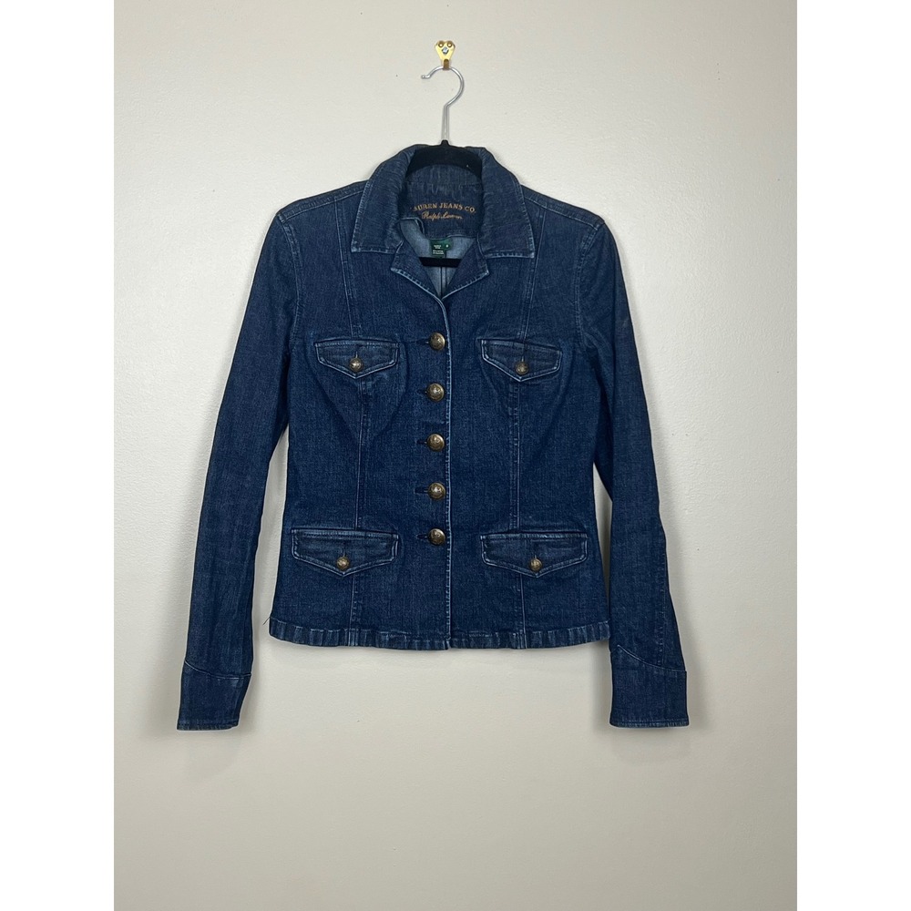 Lauren Ralph Lauren Denim Jacket Dark Wash Gold Crest Button Military Medium